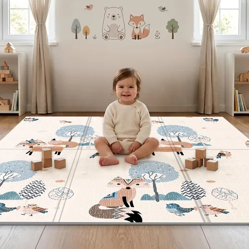 Vista 10 de UANLAUO Alfombra de juego plegable para bebés - 71 x 59 pulgadas, reversible para bebés a niños, antideslizante para interior y exterior