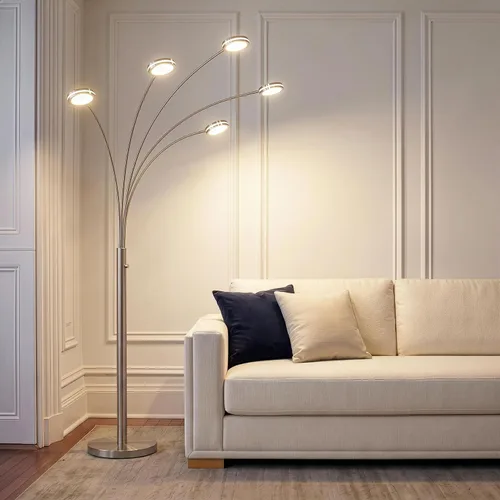 Vista 2 de Brightech Orion - Lámpara de pie de arco para sala de estar, lámpara de pie tipo árbol con 5 brazos ajustables, lámpara de pie de múltiples Níquel