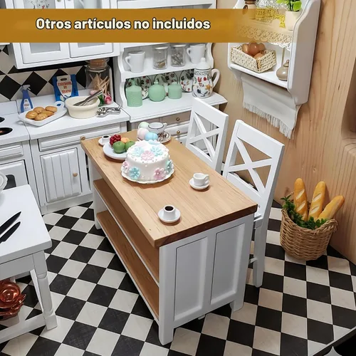 Vista 8 de Juego de sillas de mesa de comedor con islas de cocina de casa de muñecas 1/12 – Cocina en miniatura con taburetes, muebles de madera modernos