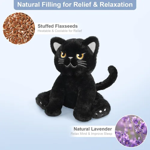 Vista 3 de SuzziPals - Animales de peluche de gato negro calentables y refrigerables, bonita almohadilla térmica para microondas para calmar y relajar