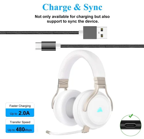 Vista 2 de Cable de carga USB de repuesto para auriculares Corsair Virtuoso RGB SE de alta fidelidadCorsair HS80 RGBCorsair Virtuoso RGB Auriculares