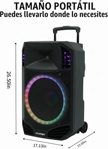 Vista 7 de EXOTON S-1501 15 Inch Portable Rechargeable PA Speaker 1600W, Bluetooth, TWS, USB/RCA, 2 UHF Mics, Remote, 7-Color Lights, DSP with 4 Scene Presets