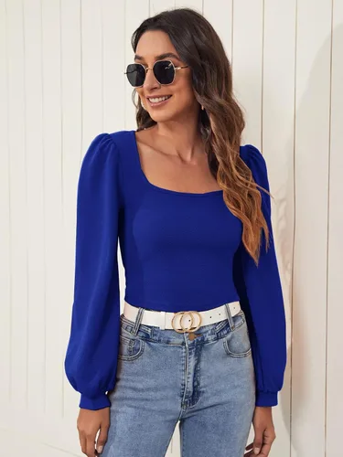 Vista 3 de Floerns Camiseta corta casual de manga larga con cuello cuadrado para mujer