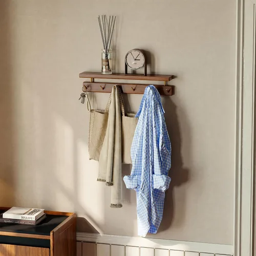 Vista 17 de Ganchos de pared de madera maciza con estante, perchero de pared, estante colgante de entrada con 6 ganchos de latón para sombreros, ropa, toallas