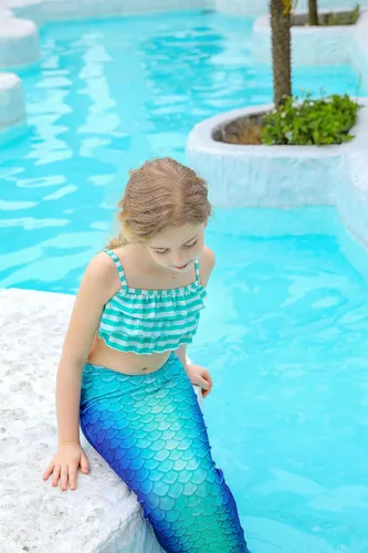 Vista 4 de DNFUN Traje de baño de sirena de 3 piezas para niñas, con cola de sirena, sin monoaleta