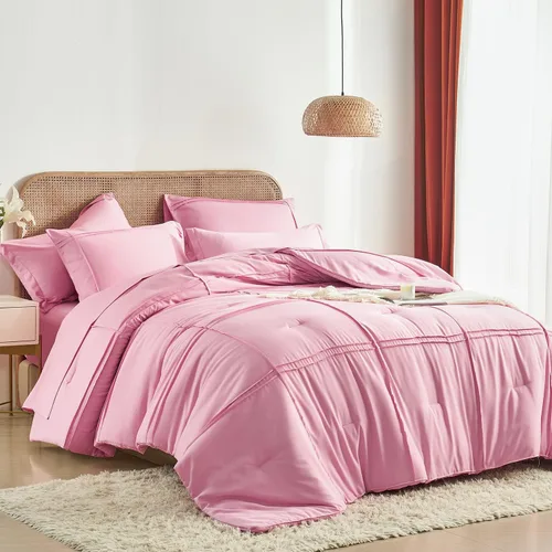 Vista 12 de Yogeneg Juego de edredón tamaño Twin de 5 piezas en una bolsa, juego de ropa de cama Twin con diseño de cuadrícula y pliegues beige, juego