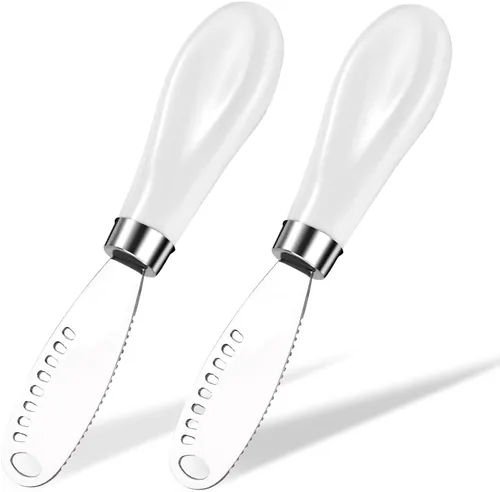 Vista 8 de AISBUGUR Paquete de 2 cuchillos esparcidores de mantequilla de acero inoxidable, cuchillo de mantequilla con mango de porcelana blanca, cuchillos