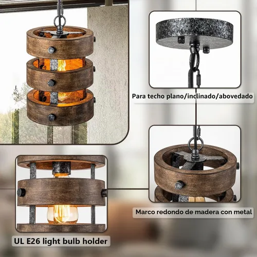 Vista 6 de Paquete de 2 Luces Colgantes de Madera Estilo Granja para Isla de Cocina, Accesorios de Iluminación para Comedor sobre Mesa, Lámpara de Araña