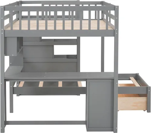 Vista 9 de RUNNA Litera matrimonial sobre individual con escritorio, cajones y escaleras, litera de madera maciza para niños, niñas, adolescentes y adultos