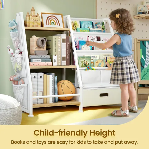 Vista 4 de Estantería infantil y organizador de almacenamiento de juguetes: estante para libros para habitación de niños con cajón para almacenar libros