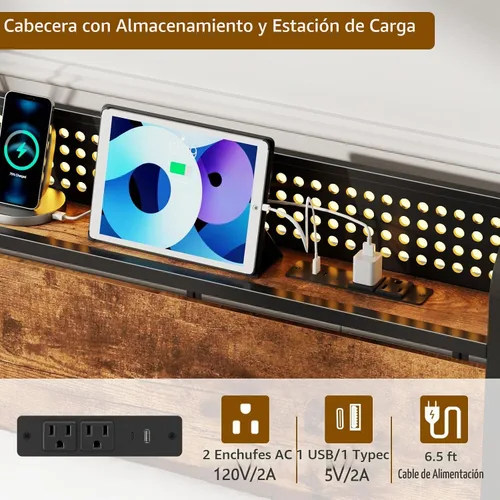 Vista 4 de Furnulem Base de cama de tamaño matrimonial con almacenamiento de cabecero, base de cama de plataforma tamaño matrimonial con 2 cajones, estación