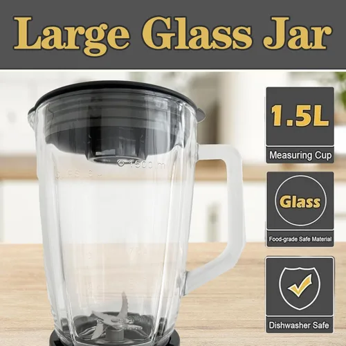 Vista 4 de Potente batidora de cocina, mezclador triturador de hielo, tarro de vidrio de 1.5 LG de 50 onzas, 6 piezas de cuchillas de acero inoxidable 304