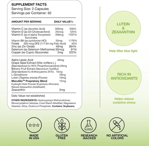 Vista 3 de EyeScience Fórmula de salud macular - Cápsulas - Suplemento nutricional completo para la salud ocular - Contiene luteína, zeaxantina, vitamina C, D