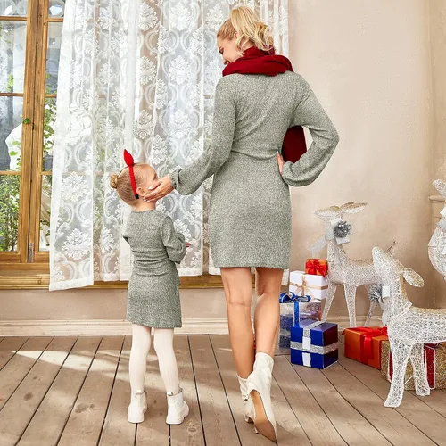 Vista 4 de PopReal Mommy and Me Outfits - Vestido de manga larga con estampado de leopardo negro y lazo frontal en la cintura, ropa familiar a juego