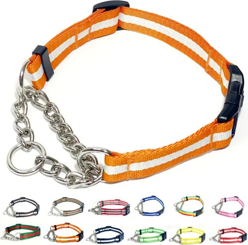 Vista 15 de Collar Martingale para perros, collares de nailon ajustables con hebilla de liberación rápida, rayas multicolores, cadena de acero inoxidable