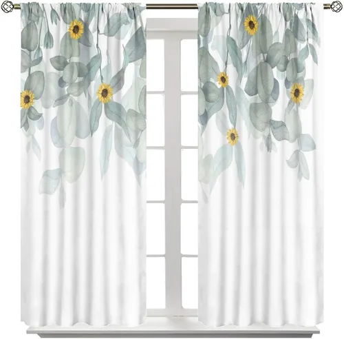 Vista 8 de Cortinas de cocina con hojas de acuarela, diseño de girasol, floral, plantas campestres, primavera, naturaleza, arte, impreso, tela para el hogar