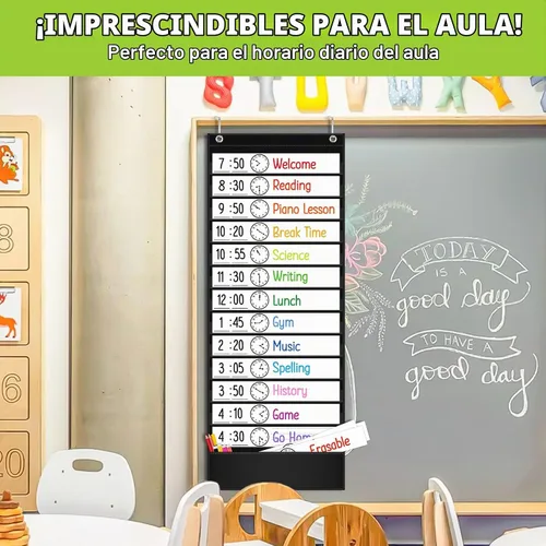 Vista 3 de EAMAY Tabla de bolsillo para horarios diarios, tabla de horarios para profesores con 18 tarjetas personalizadas reutilizables, tabla de bolsillo