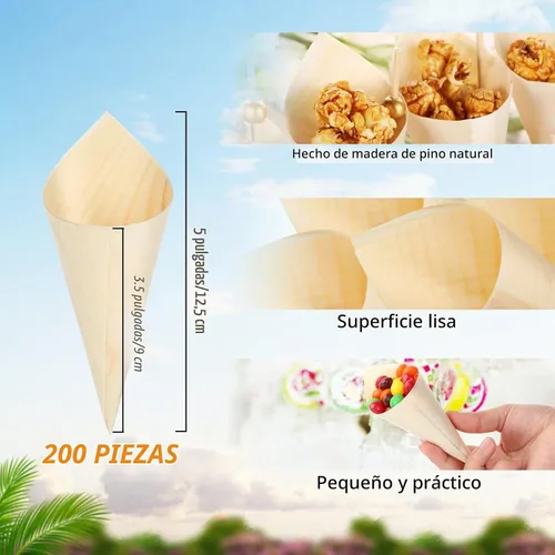 Vista 2 de 400 piezas desechables de madera conos de perlas, palillos de bambú para aperitivos, palillos de madera para alimentos, soporte para cono de helado