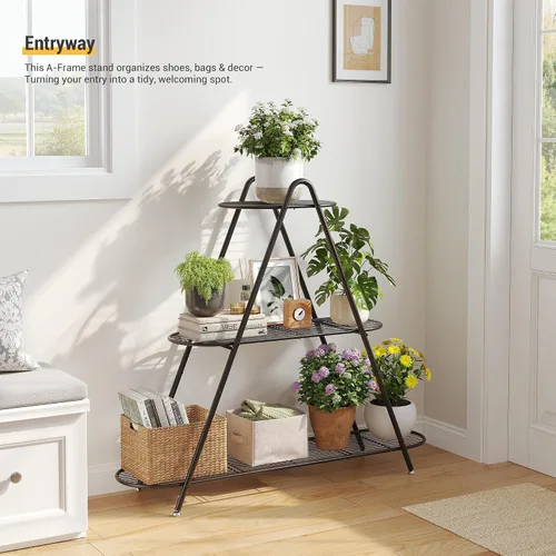Vista 8 de Soporte de 3 niveles para plantas, estante de metal para plantas, resistente para interiores y exteriores, estante para múltiples macetas