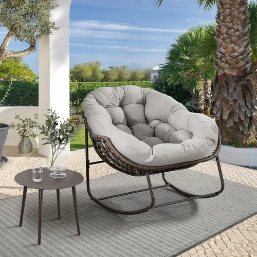 Vista 16 de Juego de 2 mecedoras para exteriores, silla mecedora de huevos de mimbre de gran tamaño, para interiores y exteriores, cómoda silla mecedora con Gris