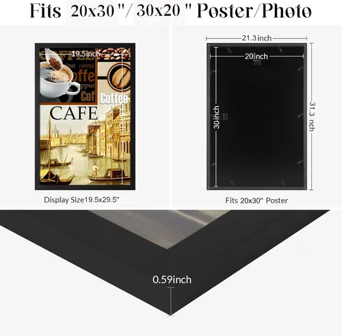 Vista 6 de Marco de 20x30 pulgadas negro, marco de póster de 30x20 pulgadas, colgante horizontal vertical, marco grande de 20 por 30 para pared de galería