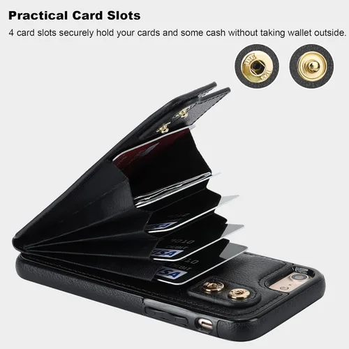 Vista 4 de Folosu Funda tipo cartera para iPhone SE con soporte para tarjetas, soporte de anillo de rotación de 360 grados, función de protección RFID, de piel