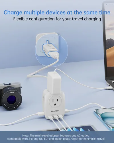 Vista 6 de BEONDON Adaptador de enchufe de viaje europeo, regleta de alimentación de 3 pies con 5 puertos USB (3 USB-C) y 2 puertos de CA, enchufes JP UK EU AU