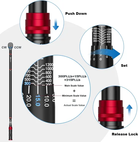 Vista 5 de SUERCUP Llave dinamométrica de clic de 1 pulgada, 200-1300 pies-Lb/271-1761.5Nm Heavy Duty, ±3% Accuracy Torque Wrench, Professional, Dual