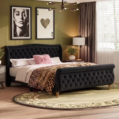 Vista 12 de SOFTSEA - Base de cama de tamaño queen de terciopelo con plataforma, base de cama tapizada con botones y cabecera de alas, 1 cajón grande y 2 Beige