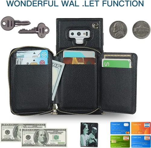 Vista 3 de Asuwish Funda de teléfono para Samsung Galaxy Note 9 con protector de pantalla de vidrio templado y soporte para tarjetas con cremallera, soporte