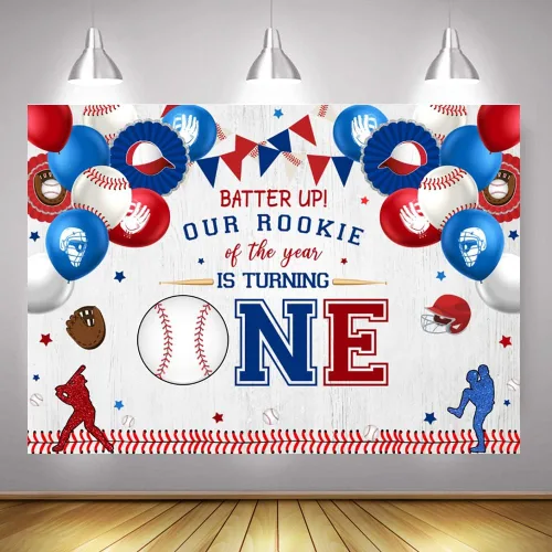 Vista 5 de Mocsicka Telón de fondo de béisbol para el primer cumpleaños para niño con texto en inglés "My Rookie Year", decoración de fiesta de béisbol novato