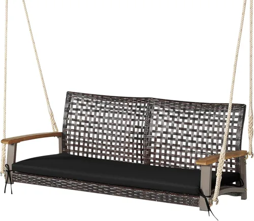 Vista 11 de Happygrill Silla oscilante de ratán para porche de 2 asientos, banco oscilante de mimbre para exteriores con cojín de asiento y reposabrazos