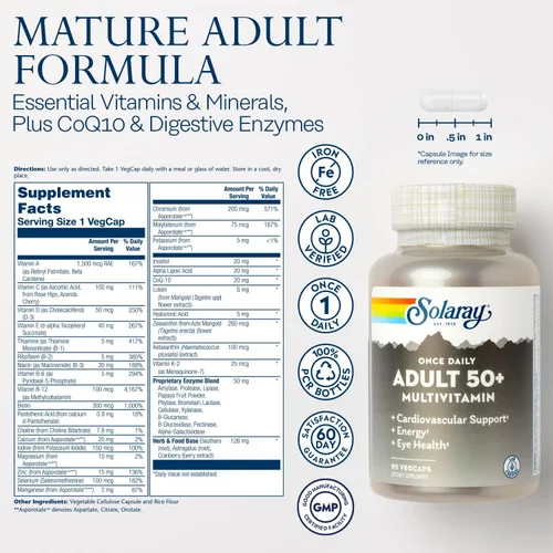 Vista 2 de Solaray Once Daily Adult 50+ Multivitamínico completo para mujeres y hombres, vitaminas esenciales y minerales quelados para energía saludable