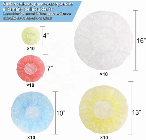 Vista 3 de ReDeMM 50 fundas elásticas reutilizables para almacenamiento de tazones de alimentos, variedad de 5 tamaños y colores elásticos translúcidos