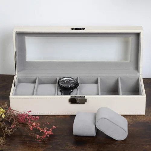 Vista 7 de NEX Caja de reloj organizador para hombres, de piel sintética superior de cristal para el almacenamiento de relojes