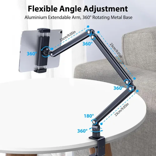 Vista 2 de Soporte de escritorio para tableta, soporte de mesa extensible para iPad, soporte giratorio de aluminio de 360° con base de metal, compatible