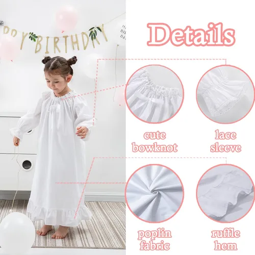 Vista 7 de Camisones para niñas, vestidos de pijama vintage de algodón para niñas, pijamas de manga larga para niños