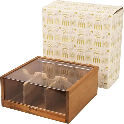 Vista 6 de HTB Organizador pequeño de madera de acacia con 3 compartimentos y 6 compartimentos para bolsitas de té