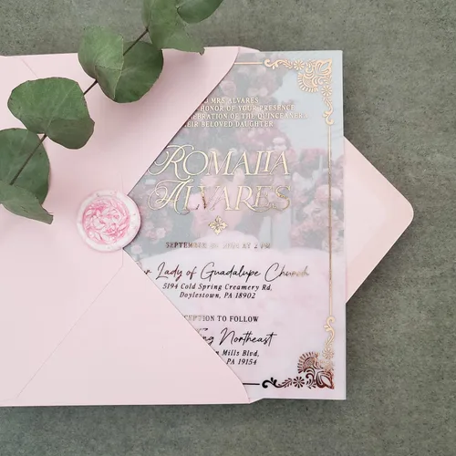 Vista 2 de Juego de 10 invitaciones de quinceañera con marco de lámina dorada, invitación con foto personalizada, invitación de Mis Quince Anos, invitaciones