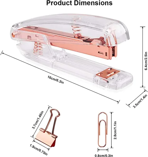 Vista 8 de Engrapadora de escritorio acrílica con 1000 grapas de 26/6, 6 clips de carpeta y 50 clips de papel, kit de accesorios de escritorio para el hogar