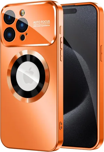 Vista 8 de MAKAVO Funda magnética para iPhone 15 Pro Max, compatible con MagSafe, protector de lente de cámara integrado, vista de logotipo, cubierta de Negro