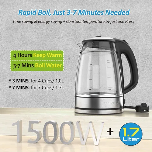 Vista 5 de NISVITU Hervidor eléctrico inalámbrico de vidrio y acero inoxidable para hervir agua, hervidor de agua caliente Hervidor eléctrico de té con apagado