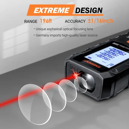 Vista 2 de ENGiNDOT - Medidor láser digital de distancia de 196 pies, con 2 niveles de burbujas, interruptor de Mpulgadaspiepie+in, impermeable IP54 y a prueba