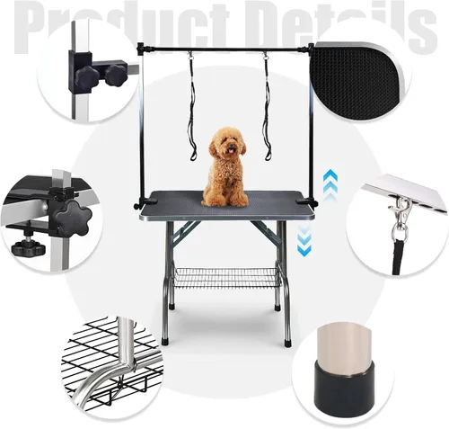Vista 5 de Mesa de aseo profesional ajustable para mascotas, de 42 pulgadas, resistente, con brazo y bandeja de malla para perros y gatos, capacidad máxima