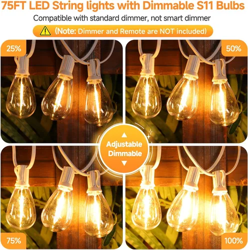 Vista 2 de Larkvue Tira de luces LED S11 de 75 pies para exteriores, luz regulable para patio, con 22+2 bombillas Edison de 2700 K impermeables, inastillables