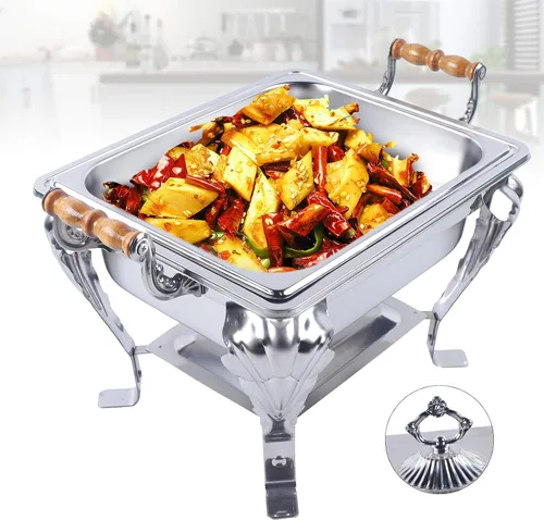 Vista 2 de Juego de bufé de platos de acero inoxidable 201, calentador de catering rectangular plateado, calentador de alimentos para fiestas, bufé