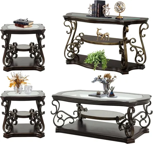 Vista 12 de Elegante mesa auxiliar retro, mesa de cóctel rectangular tradicional de 3 niveles con parte superior de vidrio templado, estante de mármol medio