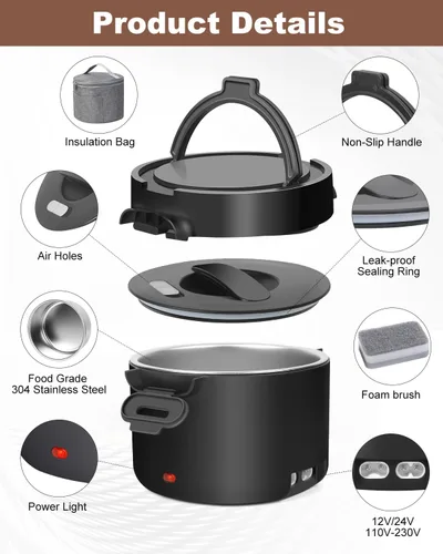 Vista 7 de Lonchera eléctrica para hombres, 1L/34oz 100W calentador de alimentos portátil a prueba de fugas calentador de alimentos para adultos 12V/24V/110V