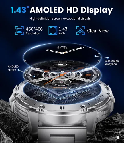Vista 2 de Smart Watch for Men for Android/iPhone(3 Straps),1.43’’ AMOLED Display Sport Watch with 123 Sport Modes/FlashLight,5ATM Waterproof Fitness Watch