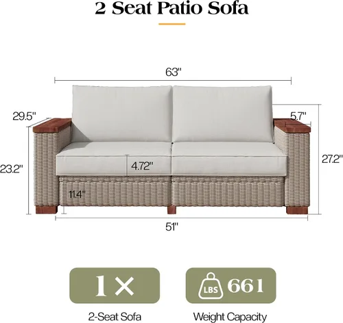 Vista 2 de PaPaJet Sofá de dos plazas para exteriores, sofá de mimbre con reposabrazos y patas sólidos, cojín de 4.7 pulgadas de grosor, sofá modular